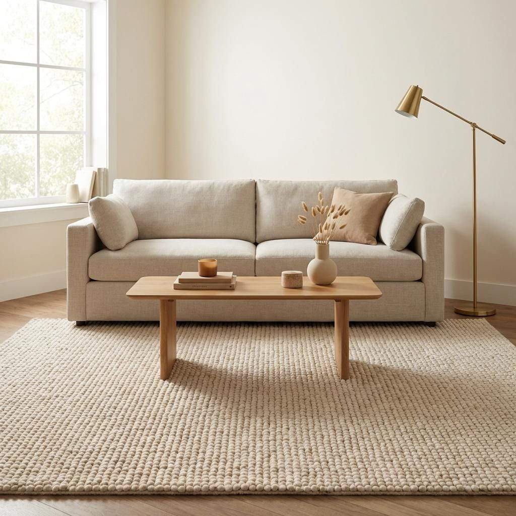 Handmade chunky wool rug in neutral tones with thick, soft texture for cozy minimalist living room decor