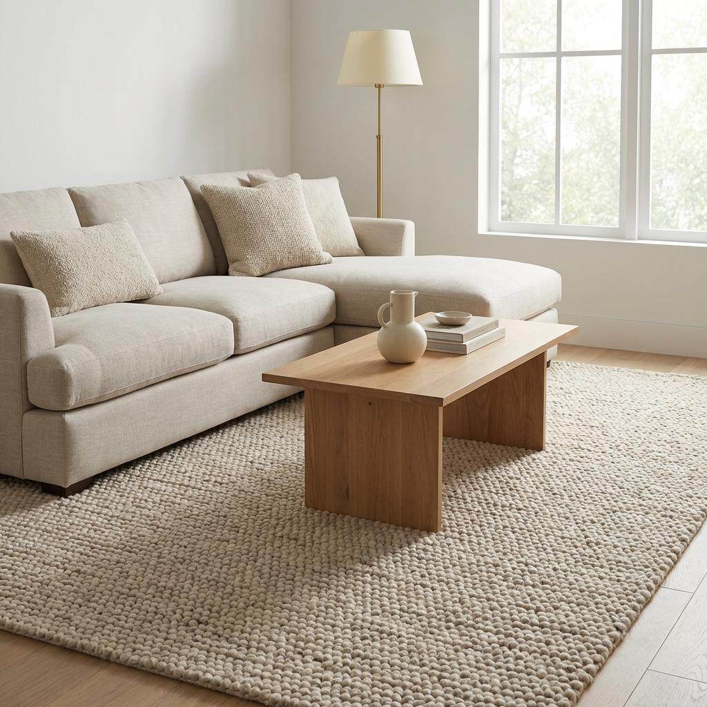 Handmade chunky wool rug with thick textured neutral fibers for cozy minimalist living room decor