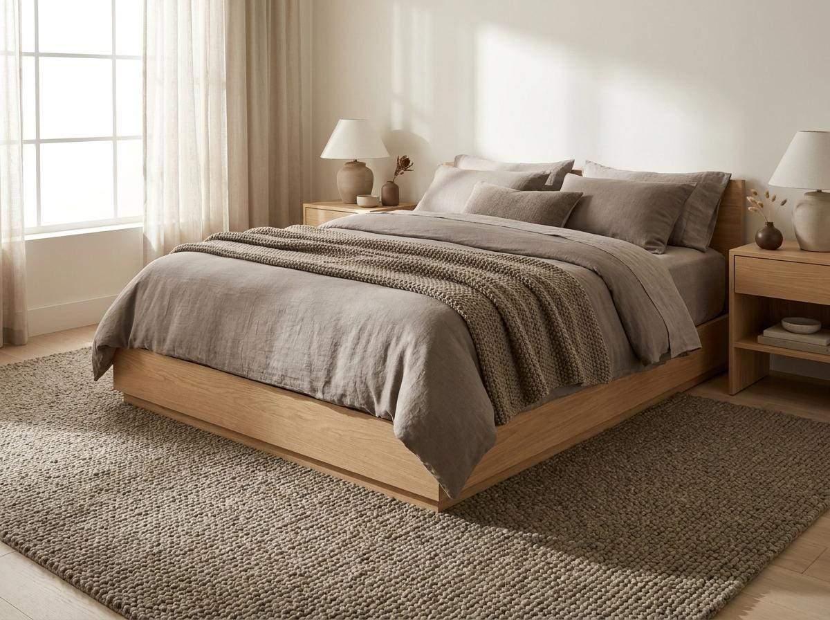 Chunky wool rug with thick loop pile in neutral tone for cozy farmhouse decor