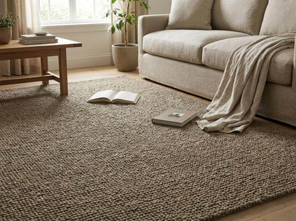 Chunky wool rug with thick loop pile and neutral texture in cozy farmhouse living room