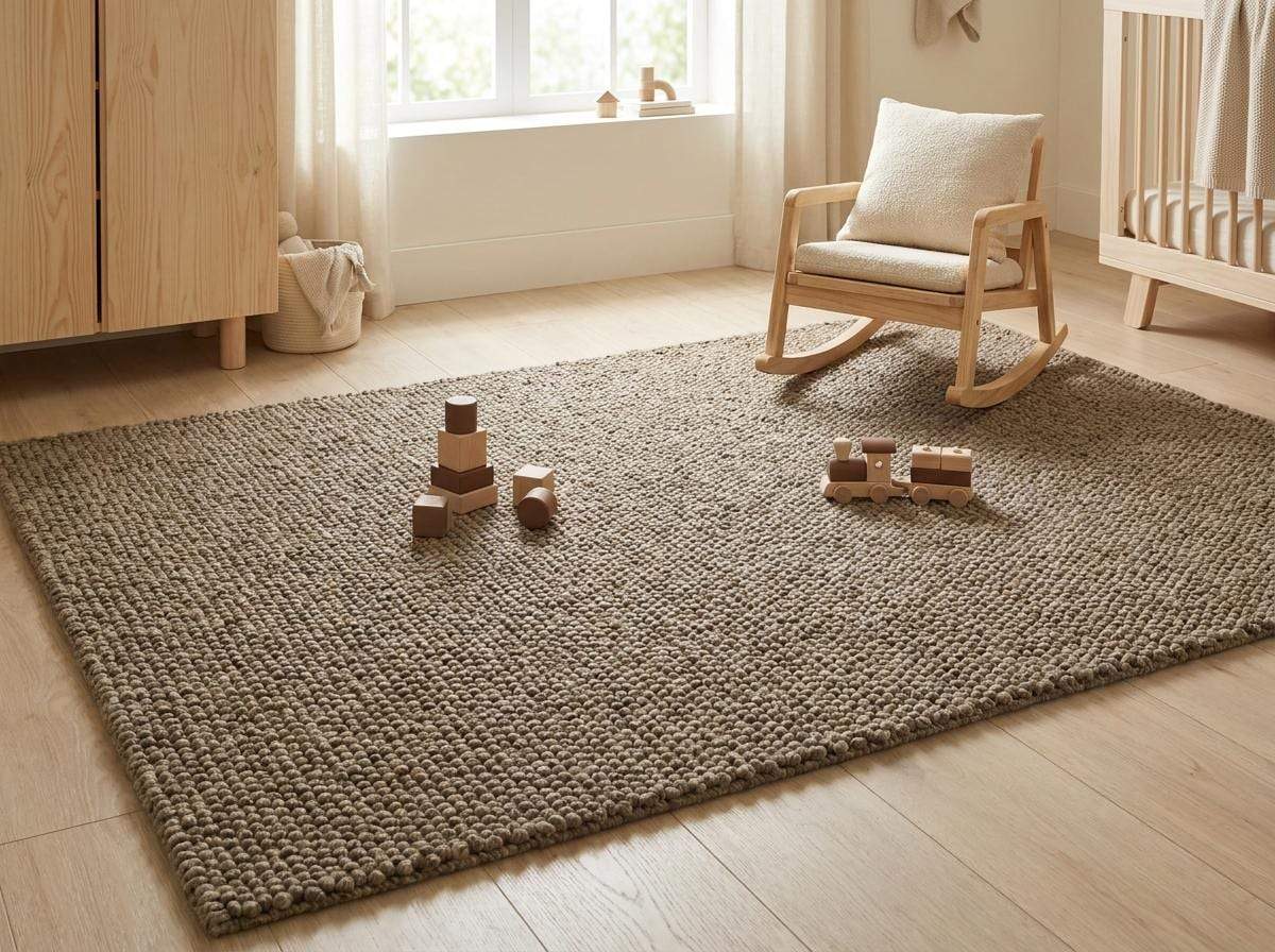 Chunky wool rug with thick loop pile and neutral textured design for cozy farmhouse decor