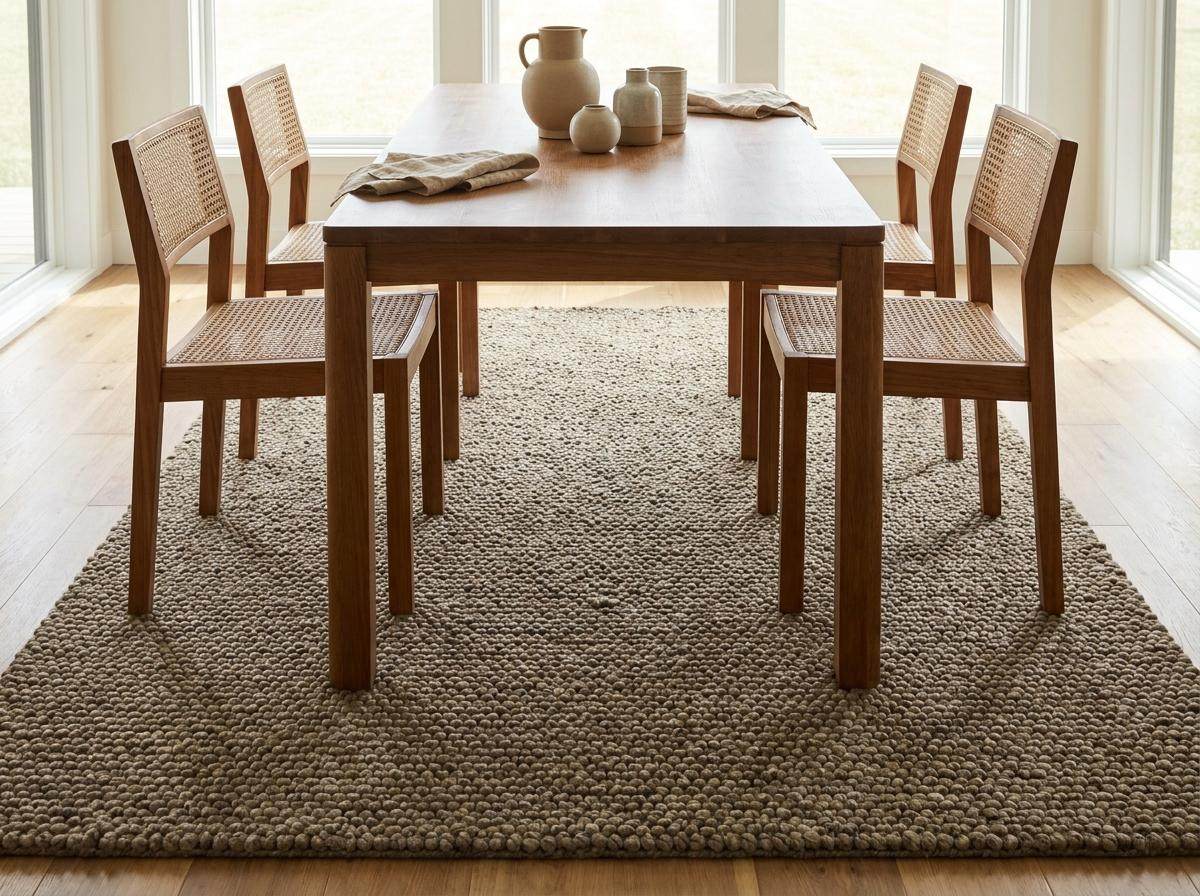 Chunky wool rug with thick loop pile and neutral textured weave for cozy farmhouse decor