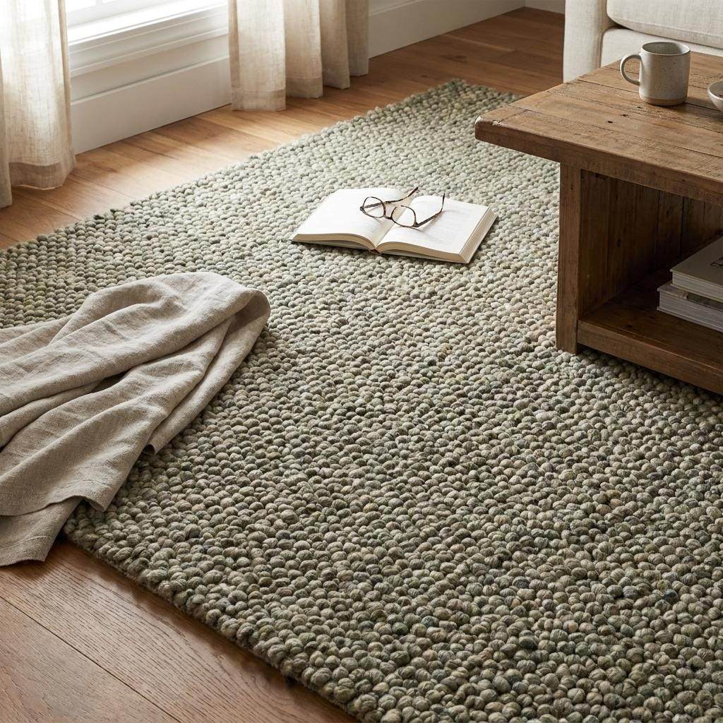 Handmade chunky wool rug with thick pebble texture in neutral tones for Scandinavian and modern farmhouse decor
