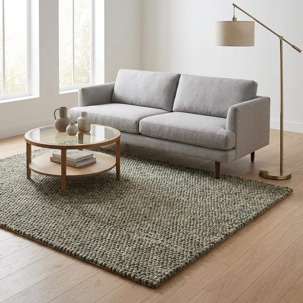 Handwoven chunky wool rug with thick pebble texture in neutral tones for Scandinavian and modern farmhouse decor