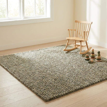 Handwoven chunky wool rug with pebble texture in neutral tones for Scandinavian and modern farmhouse decor