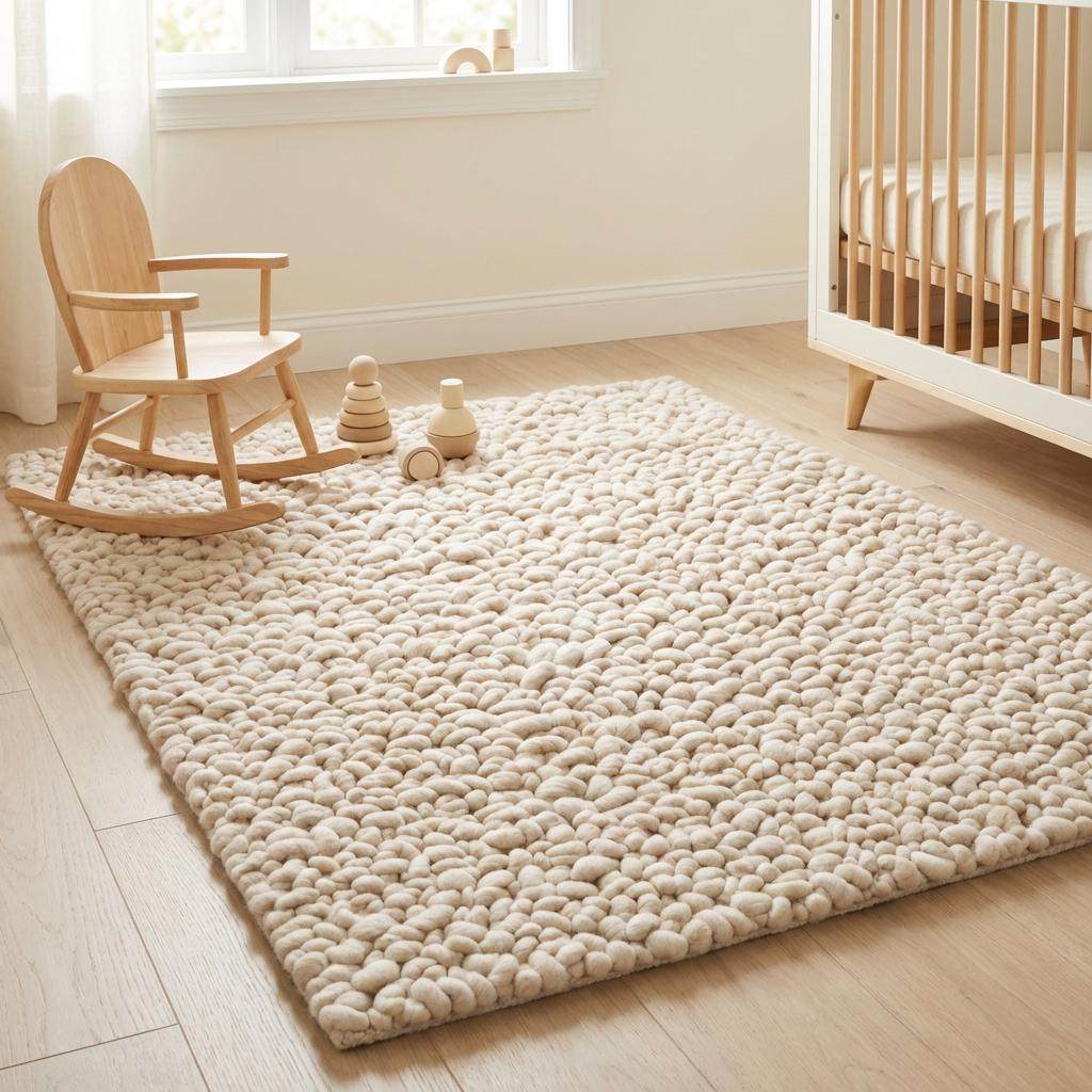 Handmade chunky wool rug with thick textured neutral plush design for cozy minimalist home decor