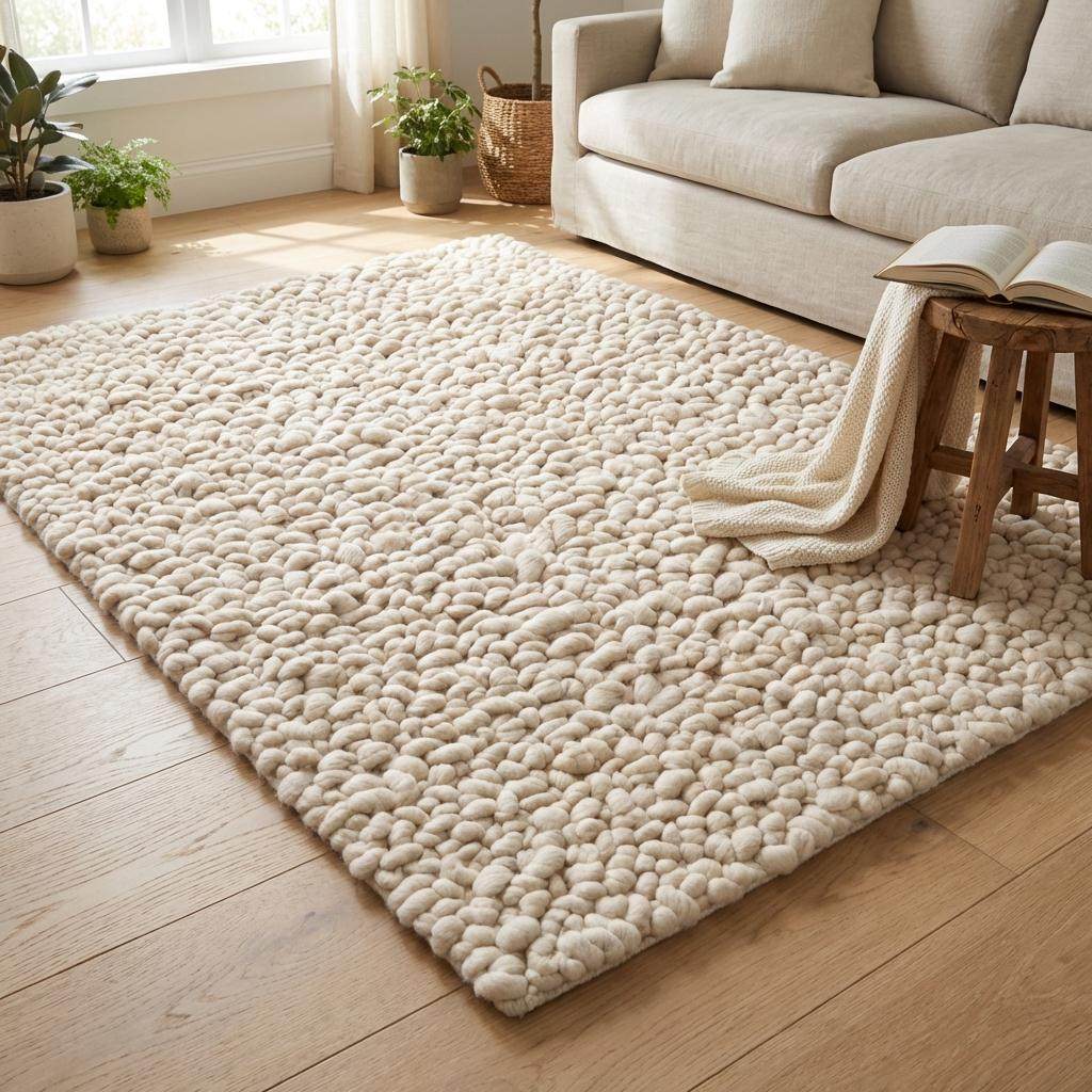 Handmade chunky wool rug with thick texture and neutral tone for cozy minimalist home decor