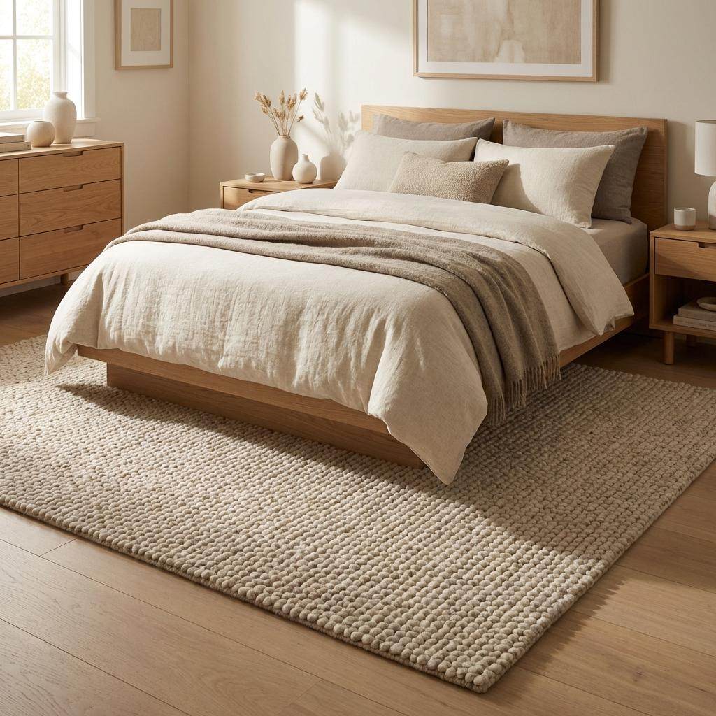 Handmade chunky wool rug with thick texture in neutral tones for cozy minimalist living room decor