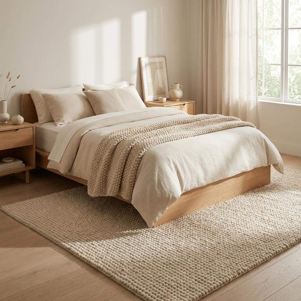 Handmade chunky wool rug with thick, soft texture in neutral tones for cozy minimalist Scandinavian décor