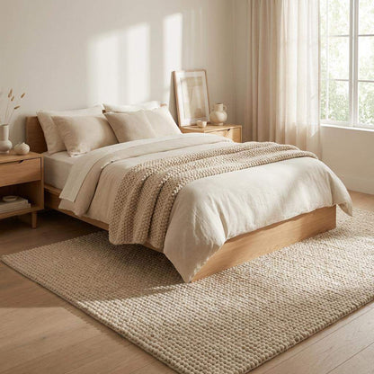 Handmade chunky wool rug with thick, soft texture in neutral tones for cozy minimalist Scandinavian décor