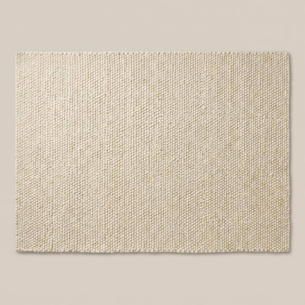 Chunky wool rug in neutral Scandinavian minimalist living room with cozy modern decor