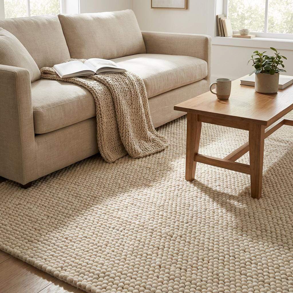 Handmade chunky wool rug with neutral tones in minimalist Scandinavian living room