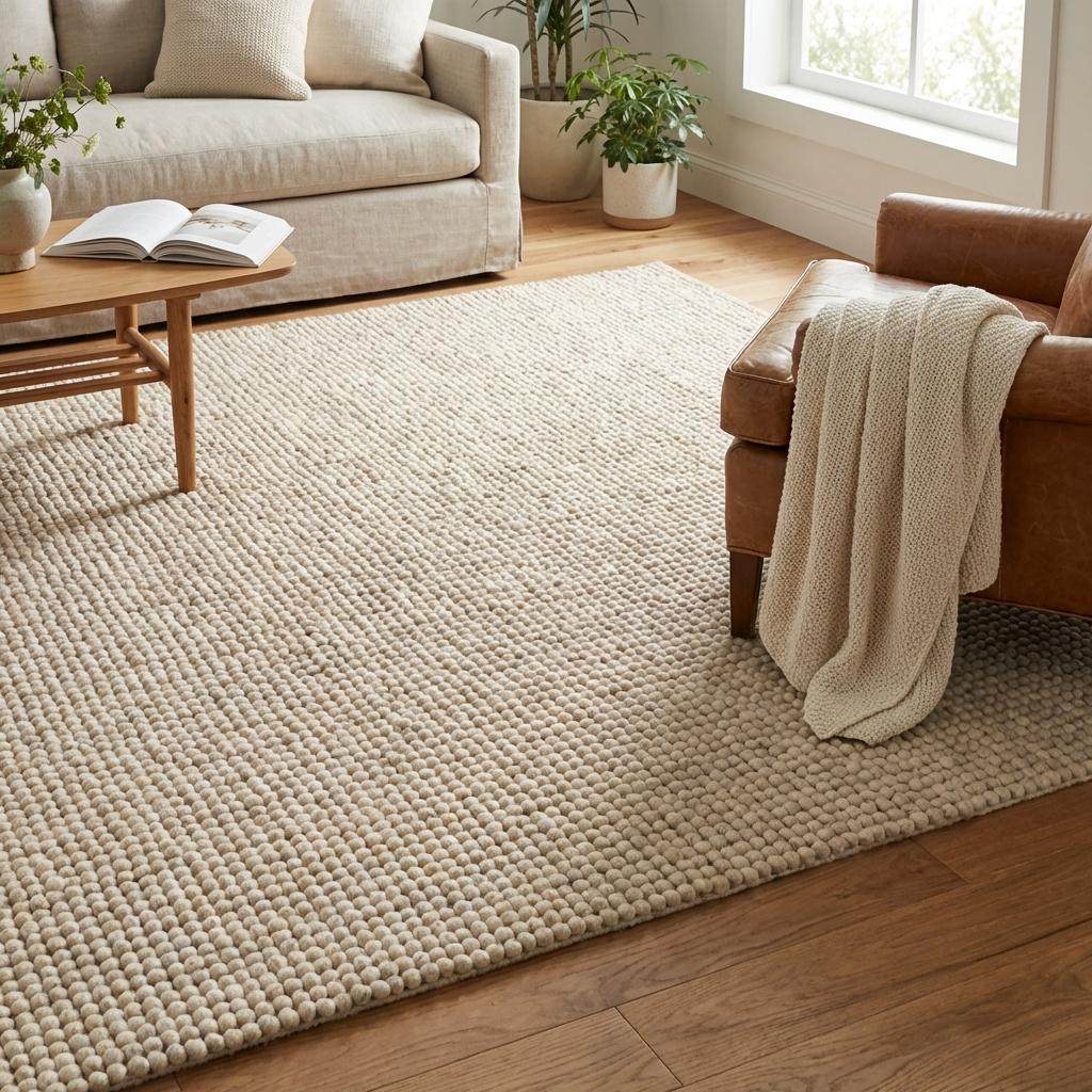 Handmade chunky wool rug in neutral tones with thick, soft textured fibers for cozy minimalist living room decor