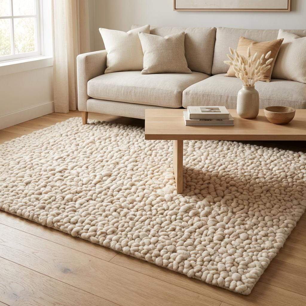 Handmade chunky wool rug with thick textured loops in neutral tones for cozy minimalist home decor