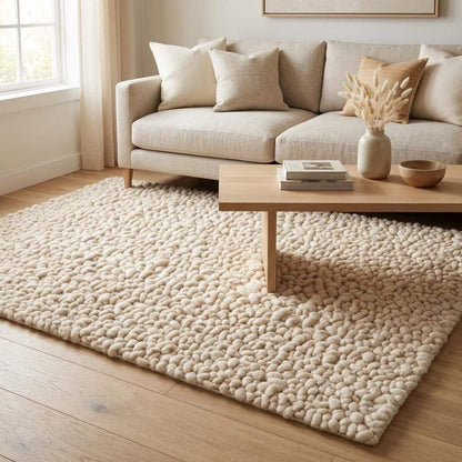Handmade chunky wool rug with thick textured loops in neutral tones for cozy minimalist home decor