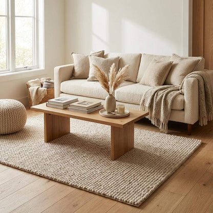 Handmade chunky wool rug with thick textured natural fibers in neutral tones for cozy minimalist decor