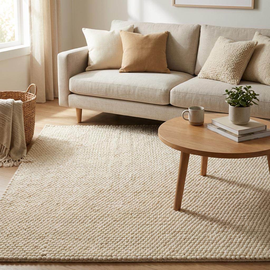 Chunky wool rug with thick, plush texture in neutral Scandinavian minimalist living room setting