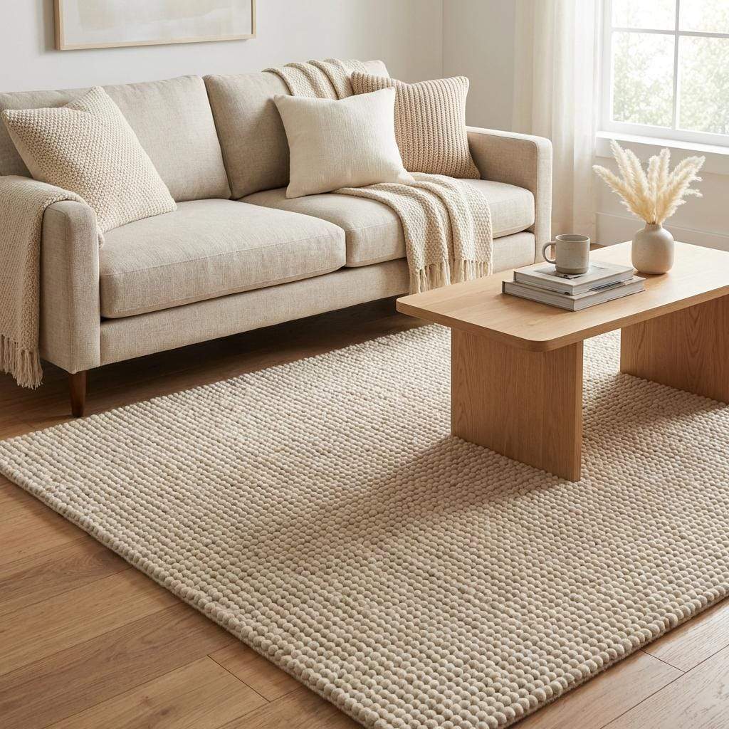 Handmade chunky wool rug in neutral tones with thick, soft texture for cozy minimalist living room decor