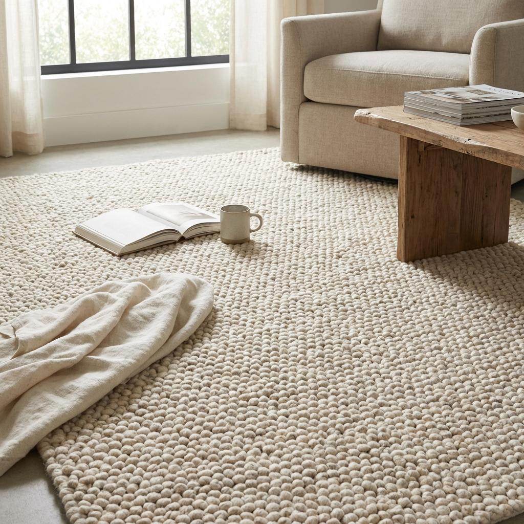 Handmade chunky wool rug with thick texture in neutral tones for cozy minimalist living room decor