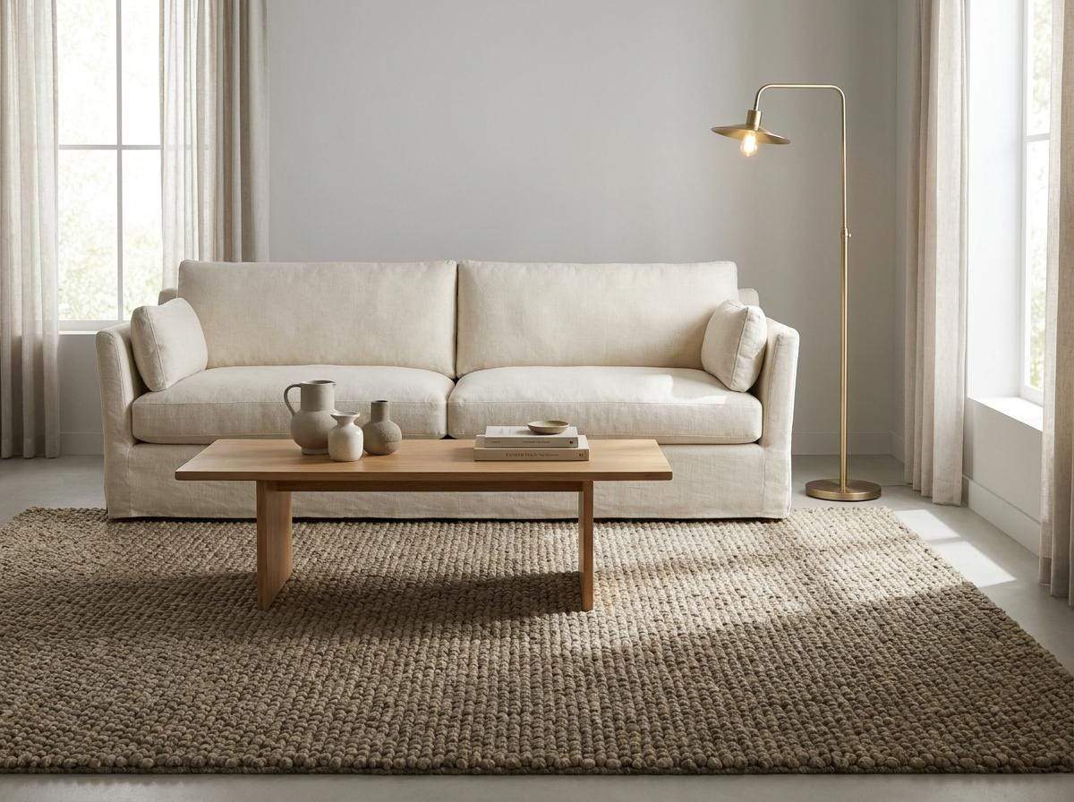 Chunky wool rug with thick loop pile, neutral textured handmade area carpet for cozy farmhouse decor