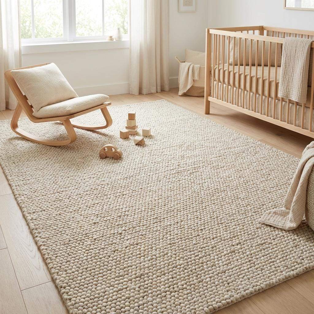 Handmade chunky wool rug with thick textured natural fibers in neutral tones for cozy minimalist decor