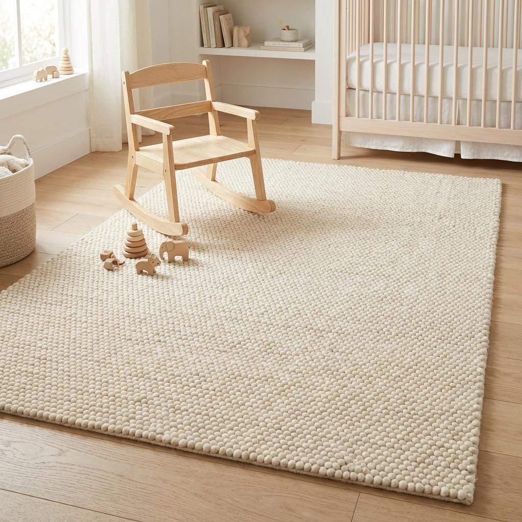 Chunky wool rug with thick plush texture in neutral Scandinavian minimalist living room setting