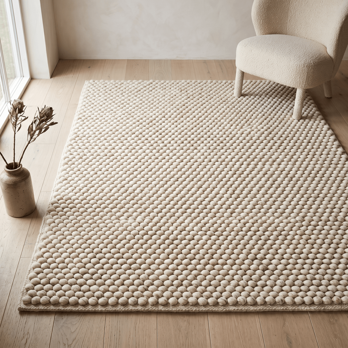 Chunky Wool Rug in oatmeal beige with a thick, tightly spaced rounded pebble texture and woven edges