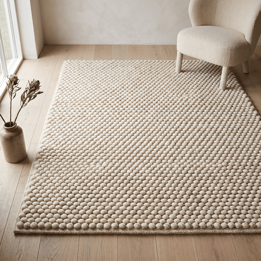 Chunky Wool Rug in oatmeal beige with a thick, tightly spaced rounded pebble texture and woven edges