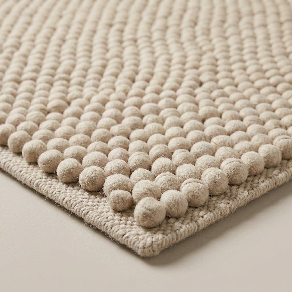Chunky Wool Rug in oatmeal beige, with a thick handwoven surface of raised rounded pebble rows and braided edges.