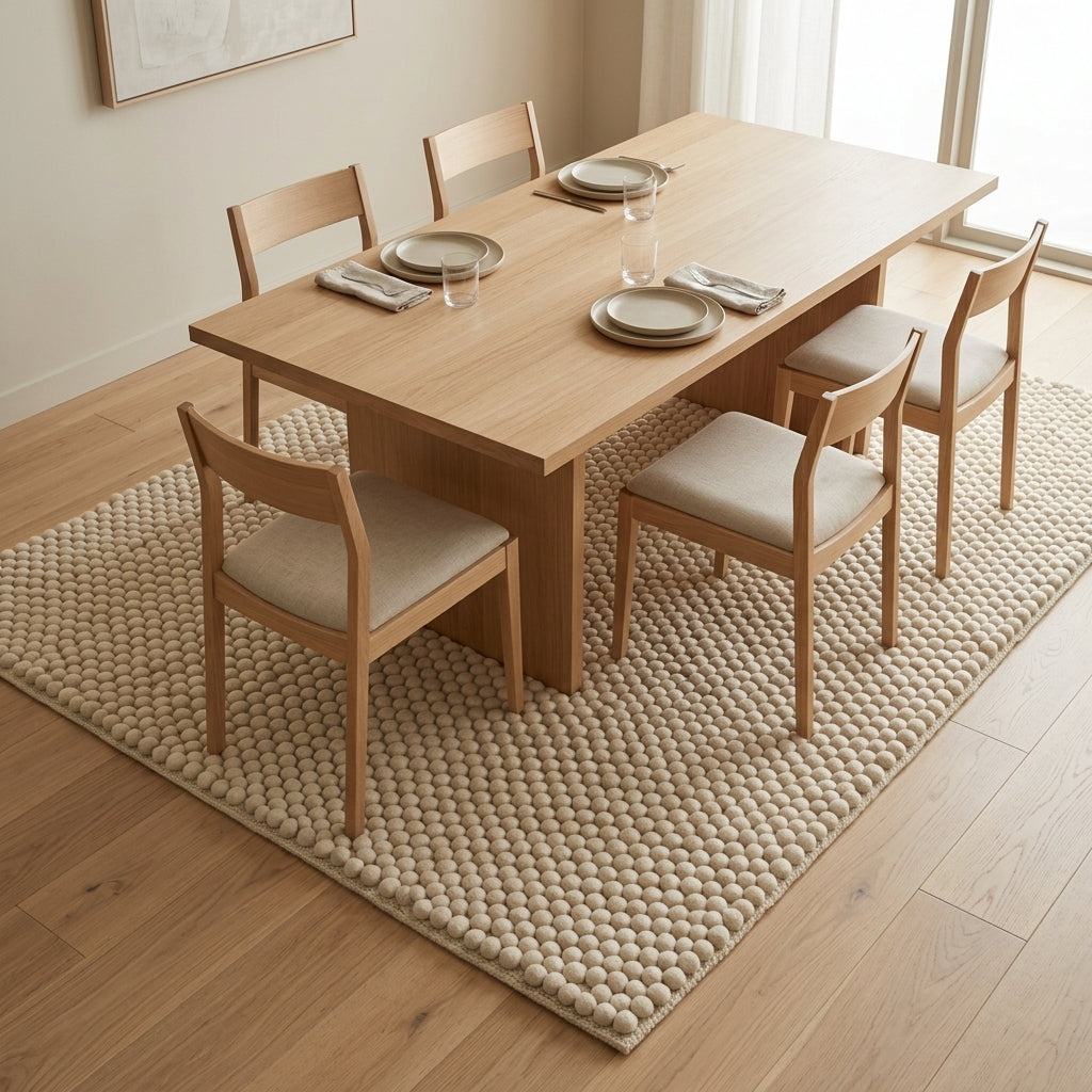 Chunky Wool Rug in oatmeal and beige melange, with a thick handwoven surface of neat raised pebble rows.