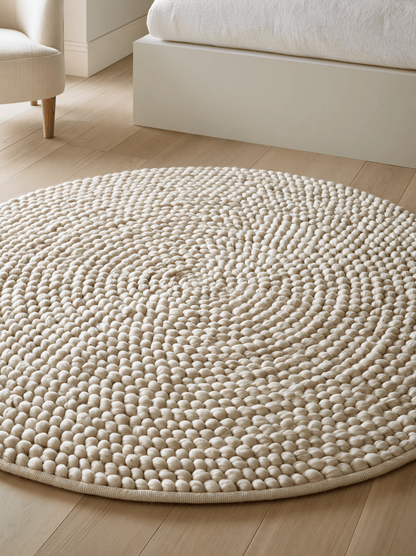 Chunky Wool Rug in cream ivory with a round shape, thick chunky woven texture and concentric spiral pebble pattern