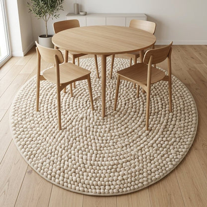 Chunky Wool Rug in cream ivory with a thick, handwoven pebble texture and round shape encircling concentric rings.