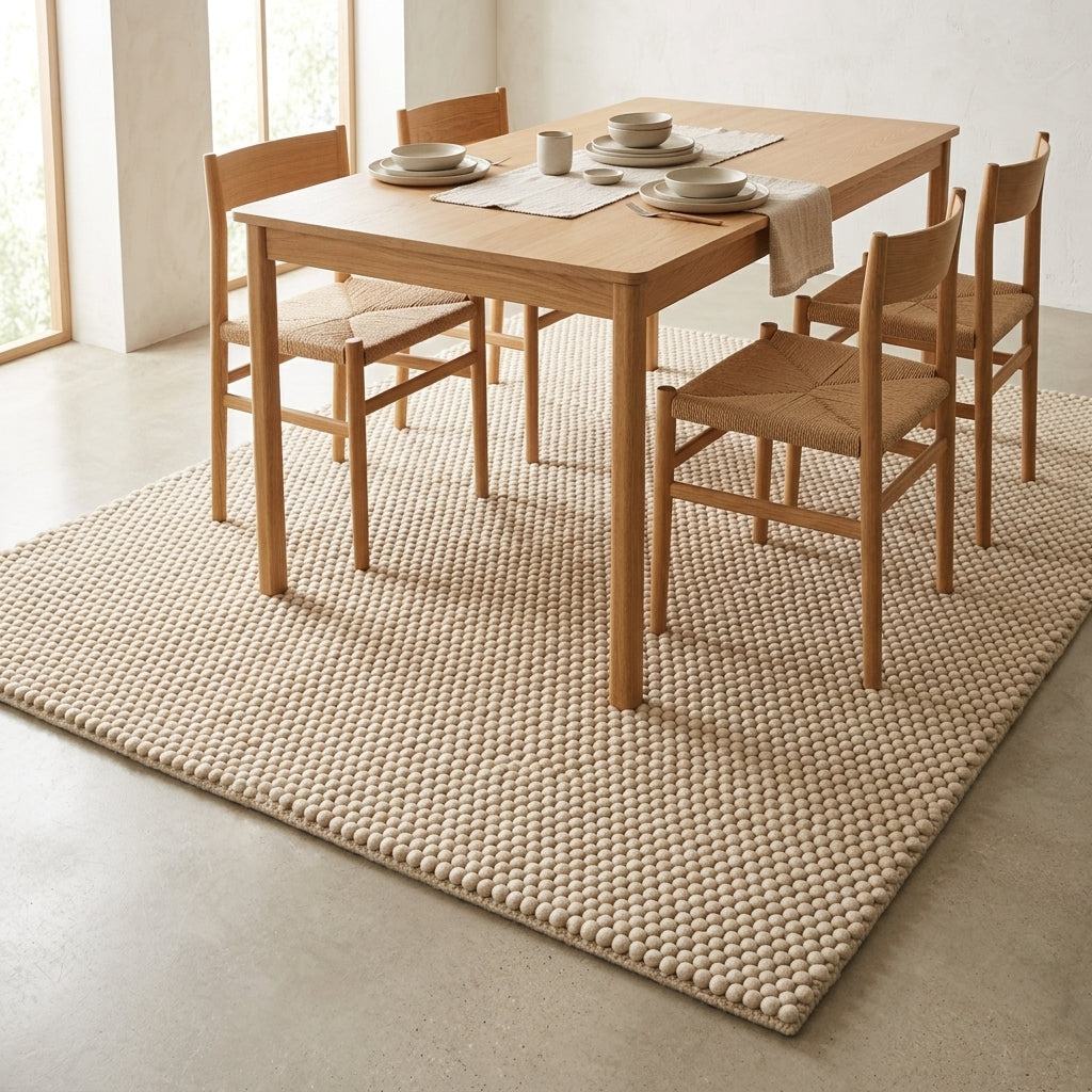 Chunky Wool Rug in sand beige with a dense, handwoven bobble texture and neatly bound edges.