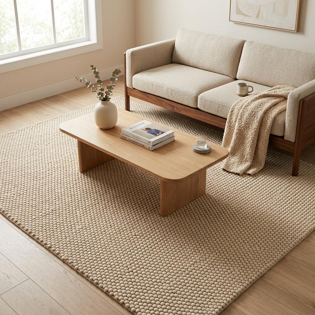 Chunky Wool Rug in natural beige with a thick, tightly woven braided texture and subtle ribbed rows.