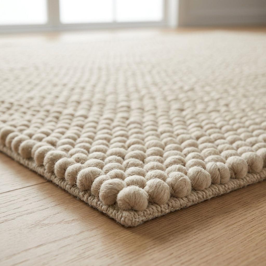 Chunky Wool Rug in sand beige wool, with a thick surface of tightly packed chunky loops and braided edging.