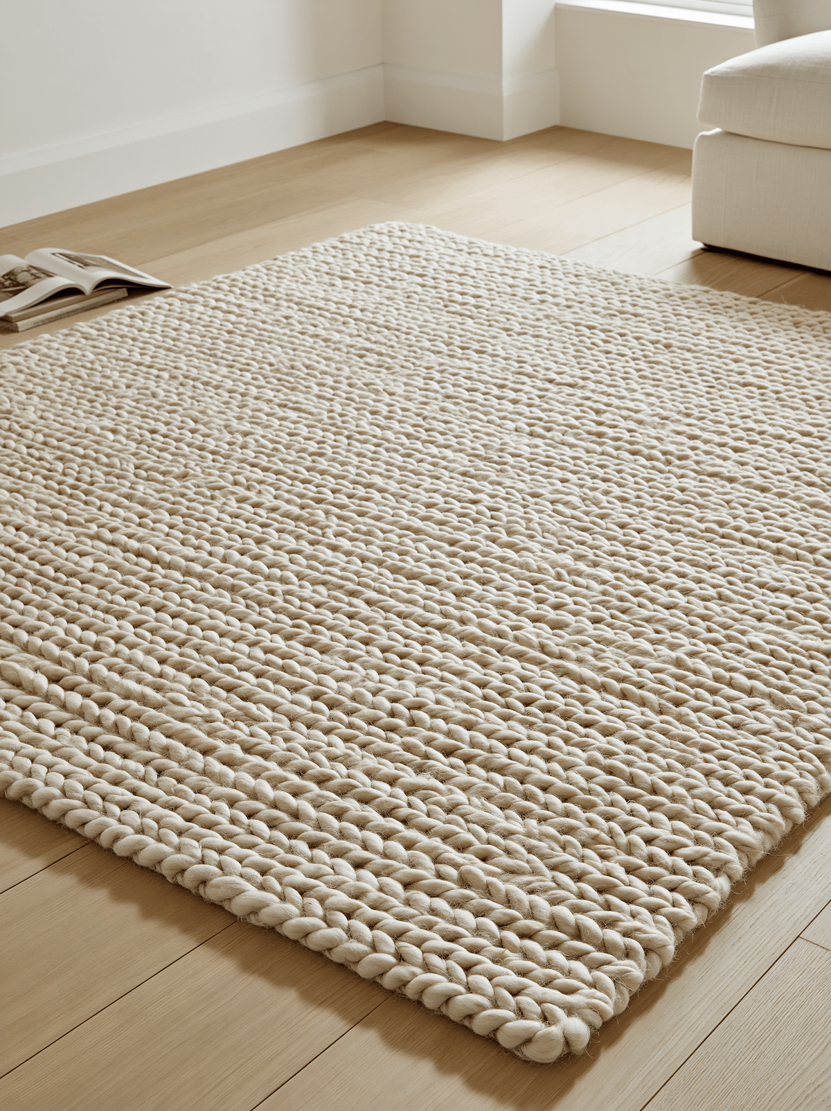 Chunky Wool Rug in creamy natural wool, with a thick, handwoven braided texture and chunky raised loops