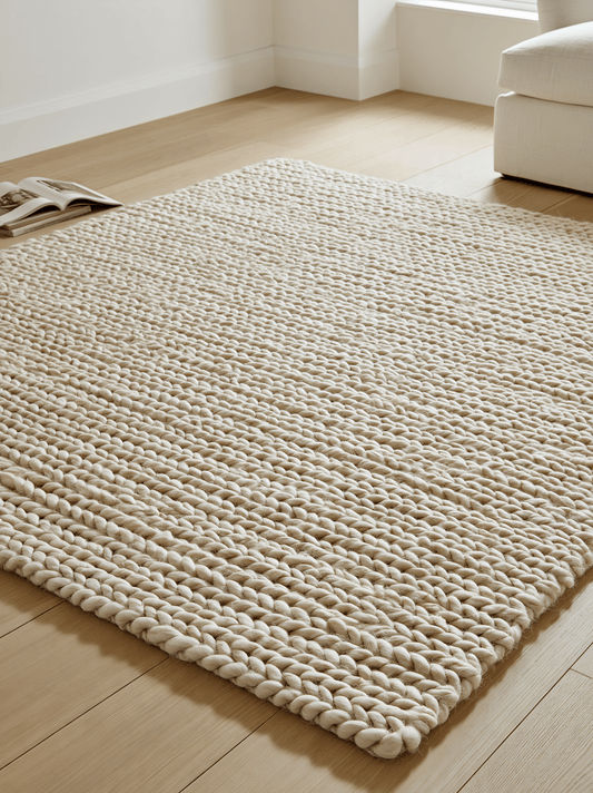 Chunky Wool Rug in creamy natural wool, with a thick, handwoven braided texture and chunky raised loops