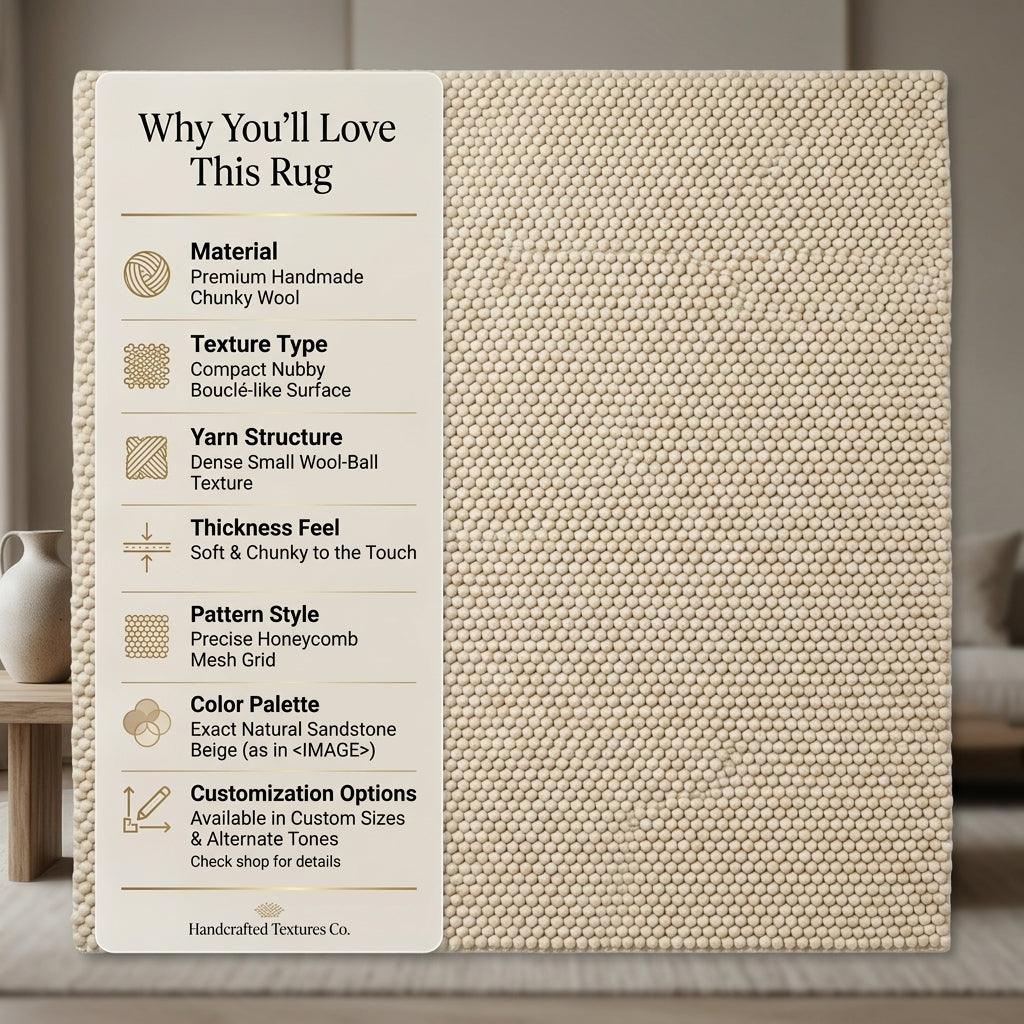Chunky Wool Rug in natural beige, tightly woven with a dense honeycomb mesh pattern and softly textured surface.