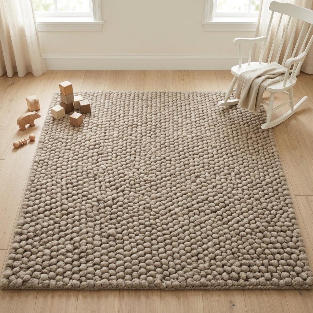 Chunky Wool Rug in taupe greige with thick, tightly packed rounded pebble knots and a chunky woven texture