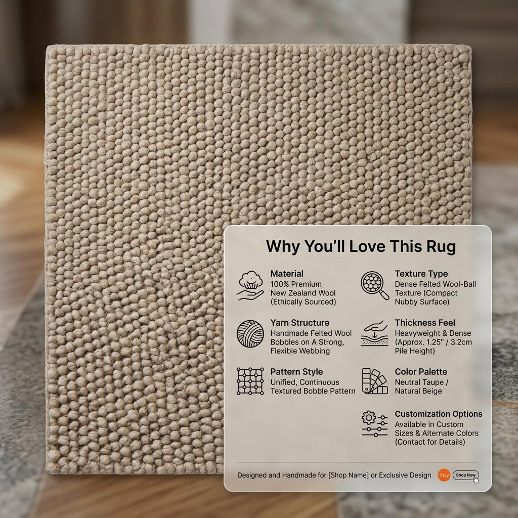 Chunky Wool Rug in taupe greige with a dense, uniform bobble weave and thick rounded texture across the surface.