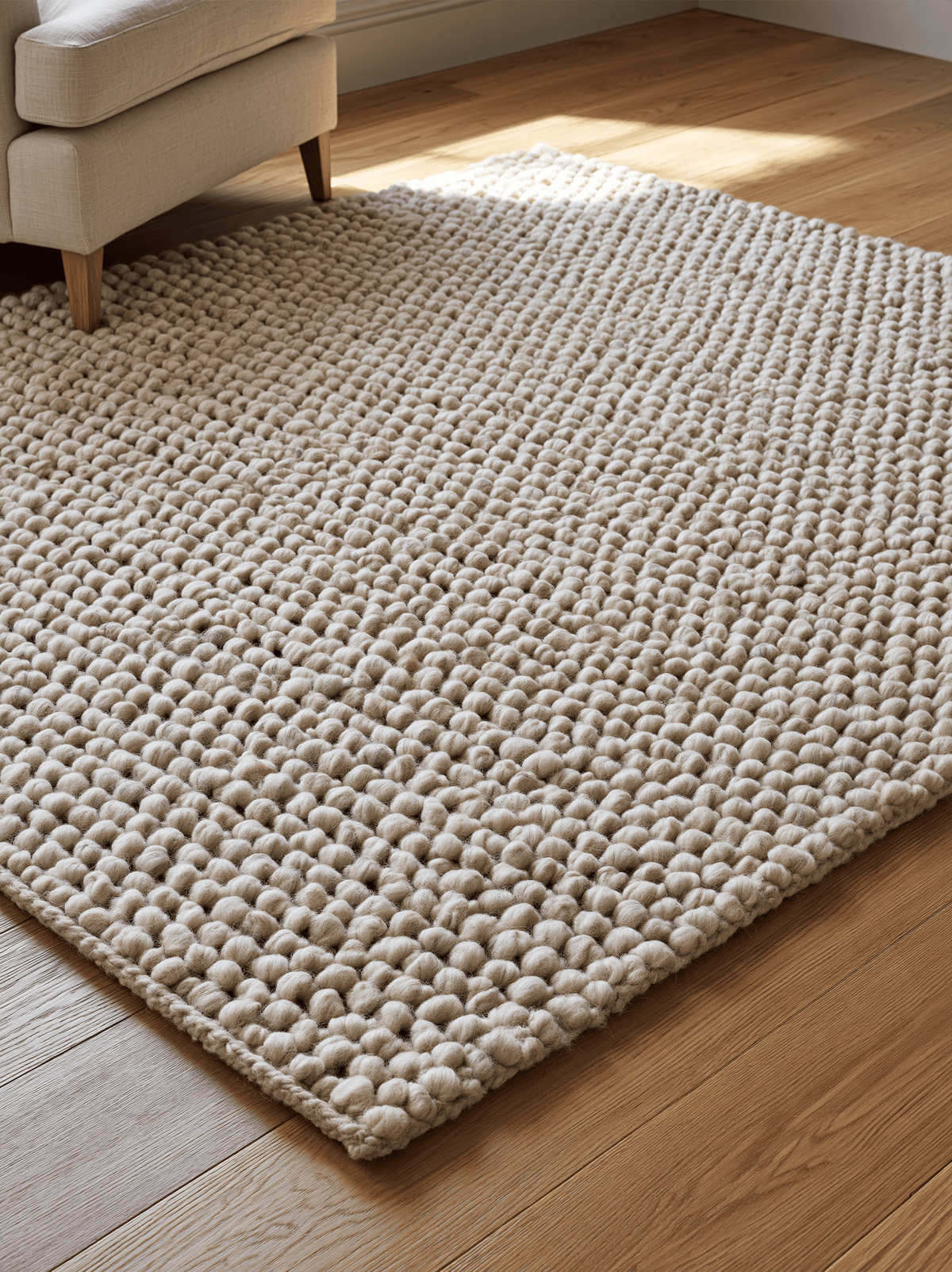 Chunky Wool Rug in warm taupe greige with a thick, handwoven surface of irregular rounded pebble knots