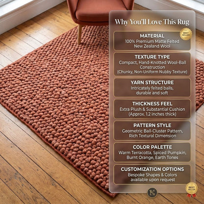 Chunky Wool Rug, Handwoven Pebble Texture Area Rug, Terracotta Rust Carpet, Modern Boho Earthy Decor, Thick Cozy Living Room Floor Rug
