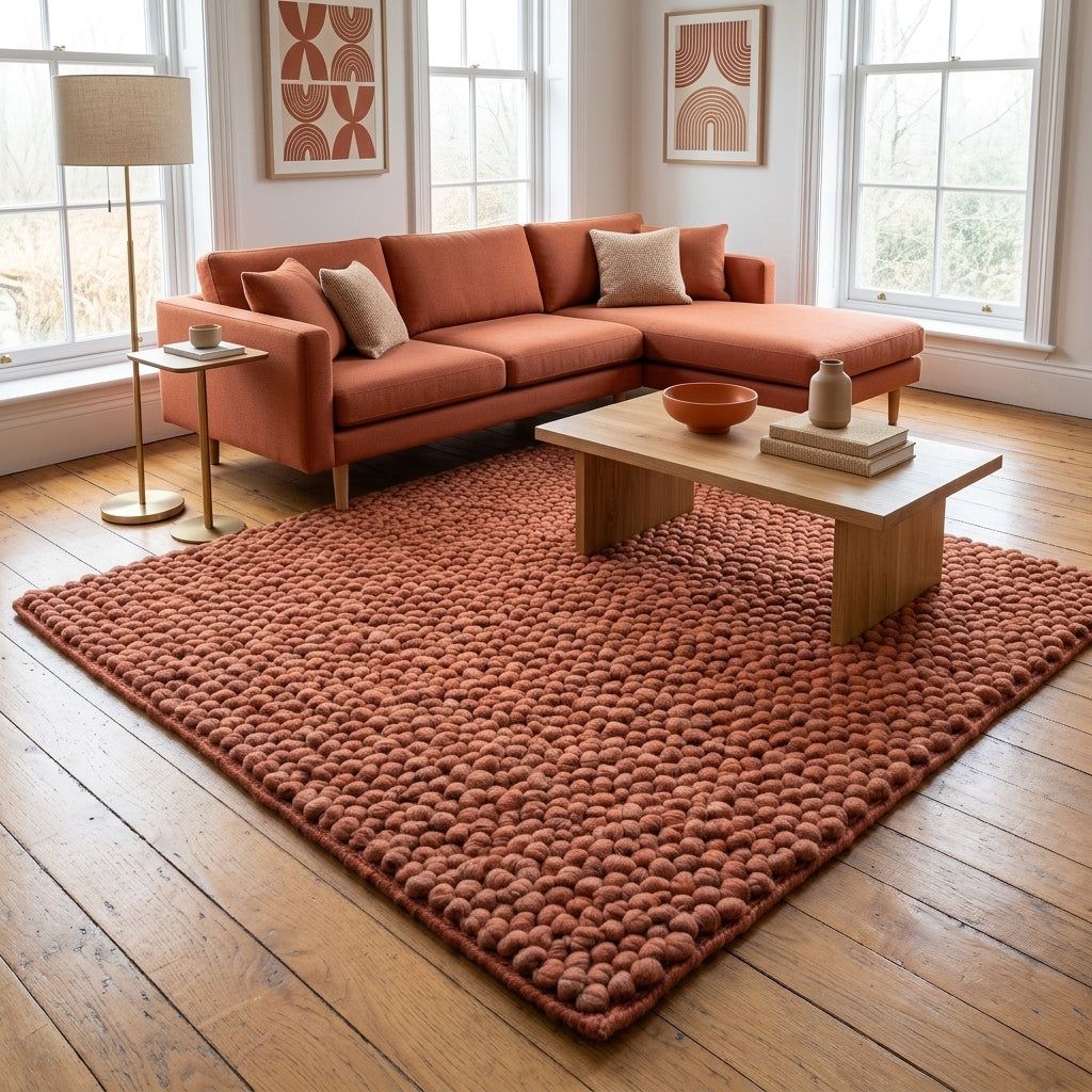 Chunky Wool Rug, Handwoven Pebble Texture Area Rug, Terracotta Rust Carpet, Modern Boho Earthy Decor, Thick Cozy Living Room Floor Rug