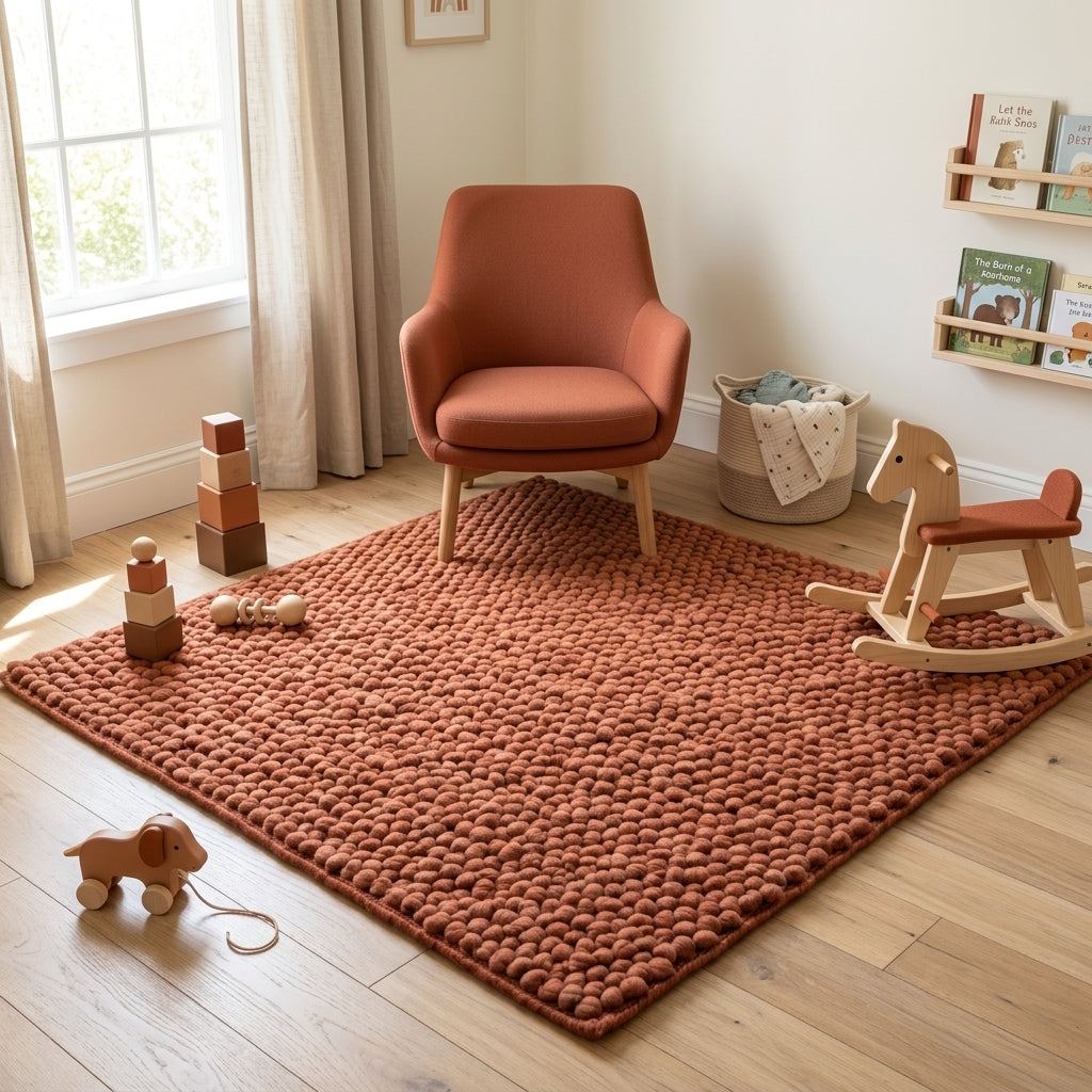 Chunky Wool Rug, Handwoven Pebble Texture Area Rug, Terracotta Rust Carpet, Modern Boho Earthy Decor, Thick Cozy Living Room Floor Rug