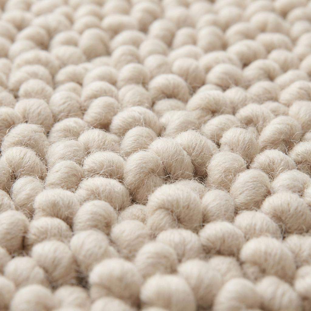 Handmade chunky wool rug with thick textured loops in neutral tones for cozy minimalist home decor