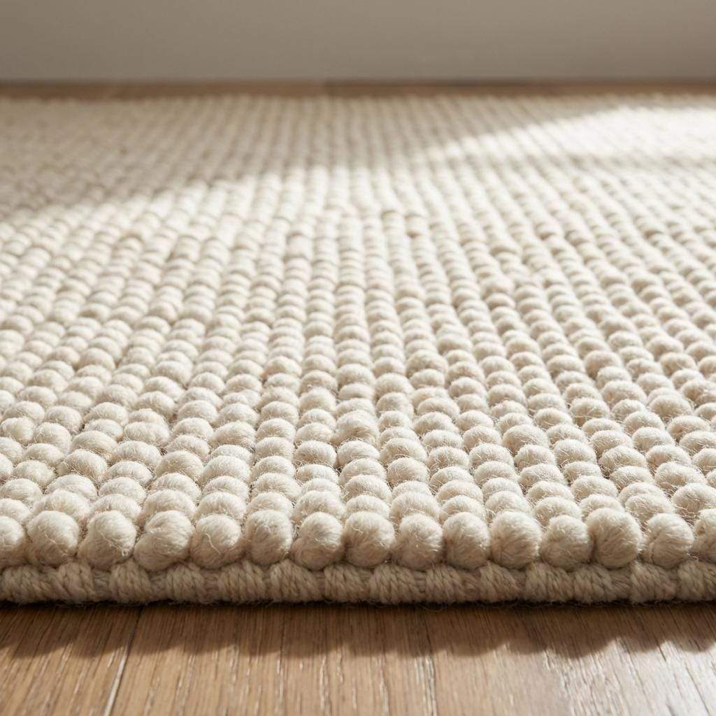 Handmade chunky wool rug with neutral tones and thick textured loops for cozy minimalist Scandinavian decor