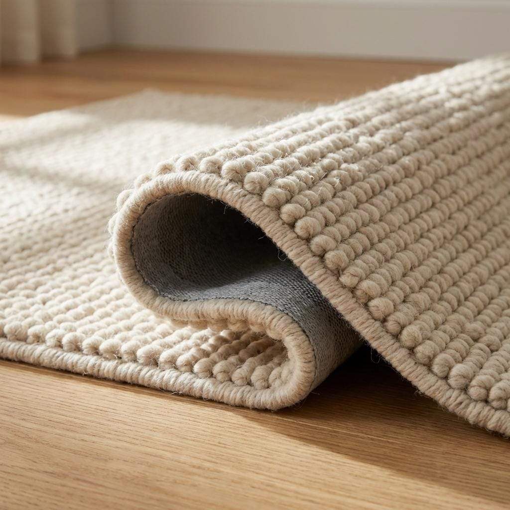 Handmade chunky wool rug with thick, neutral wool fibers in a minimalist Scandinavian living room setting