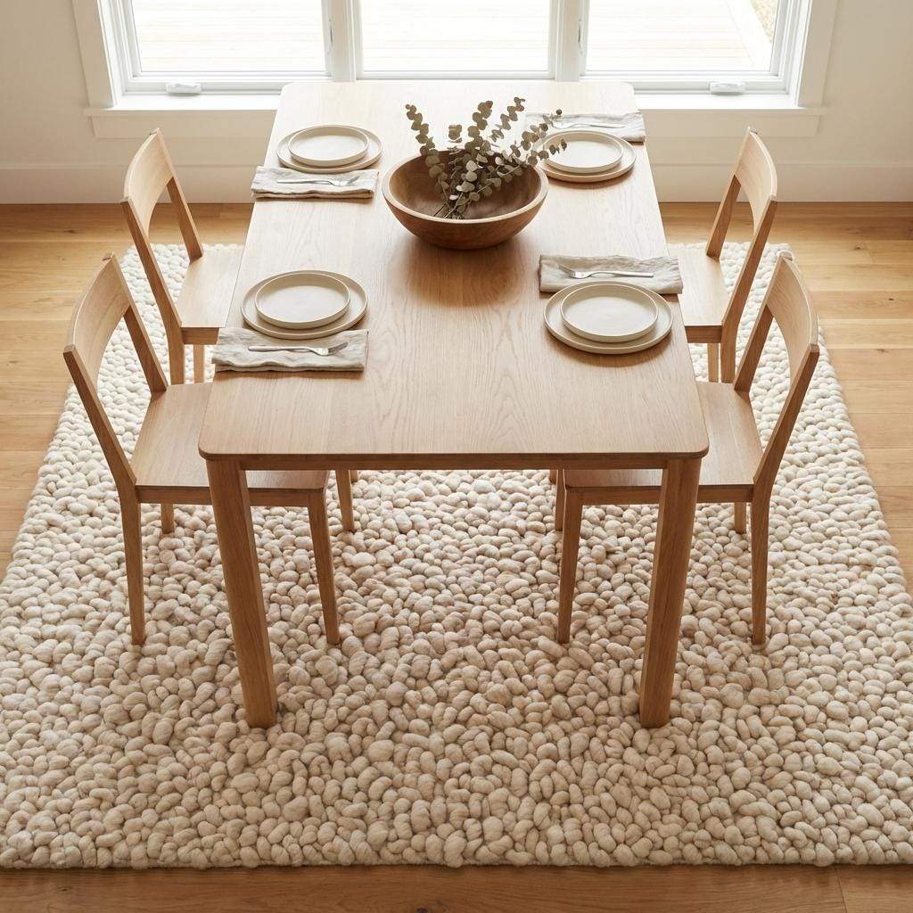 Handmade chunky wool rug with thick textured loops in a neutral tone for cozy minimalist home decor