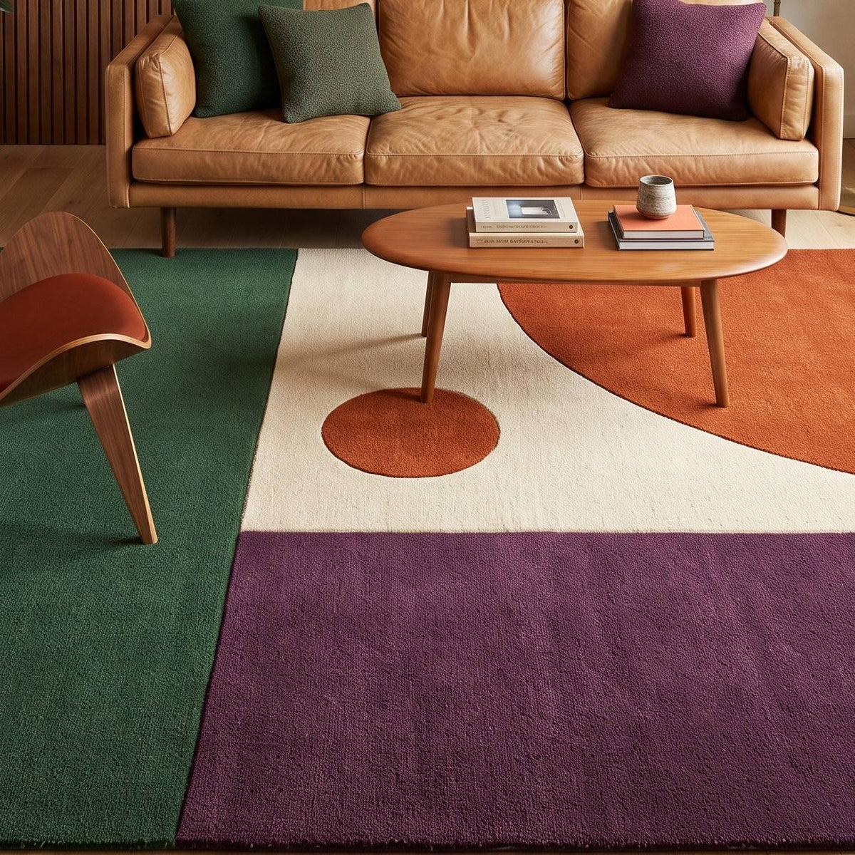 Color Block Rug in plush wool with forest green, plum and cream panels, plus a burnt orange circle and curved shape.