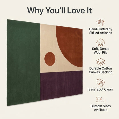 Color Block Rug in forest green, plum, cream and burnt orange wool, with bold geometric panels, a half circle and dot